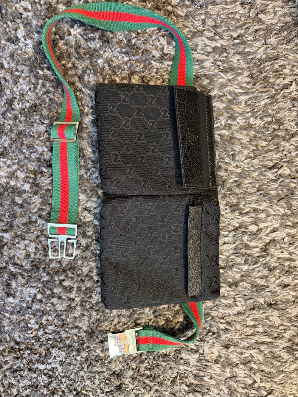 Black “Gucci” Crossbody Bag with Green-Red Strap